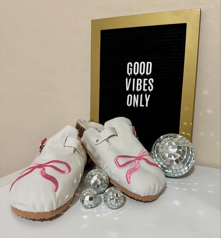 Handmade Suede Leather Clogs: Sheepskin Lined, Pink Bow Detail