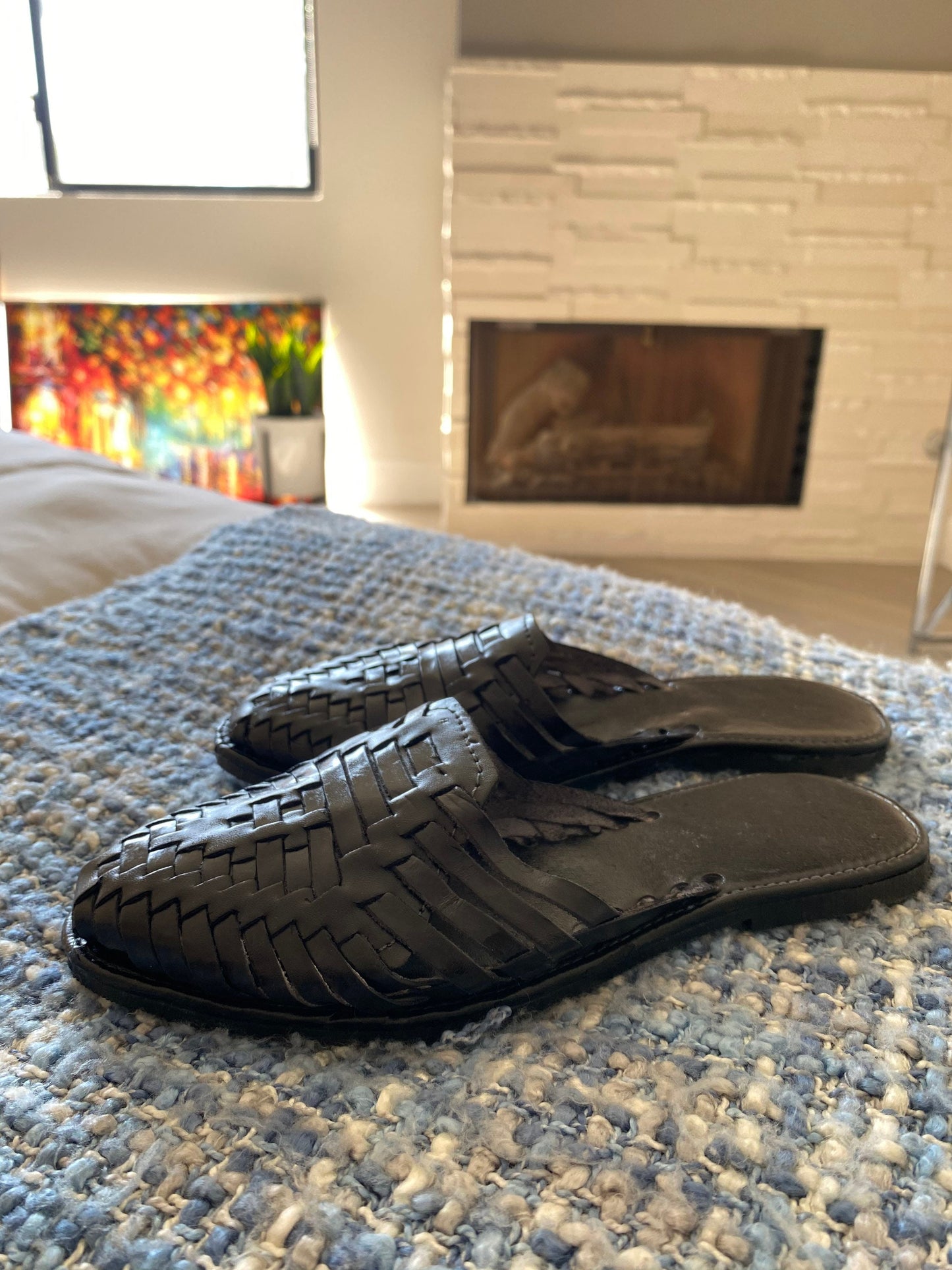Black Leather Huarache Mules: Mexican Woven Sandals