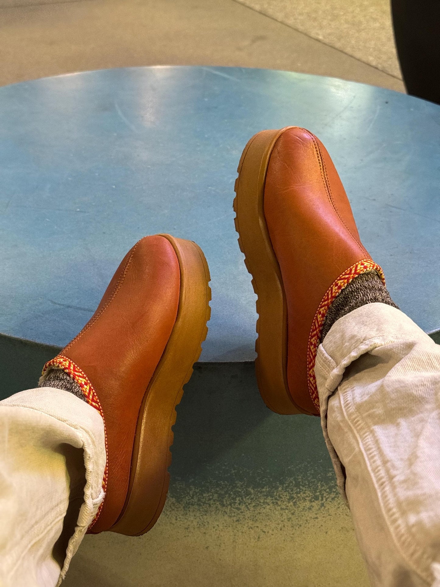 Leather Sheepskin Clogs: Caramel Brown Fur Boots with Patterned Trim