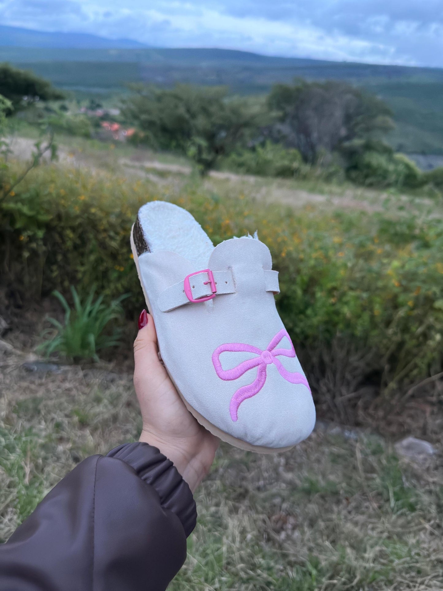 Handmade Suede Leather Clogs: Sheepskin Lined, Pink Bow Detail