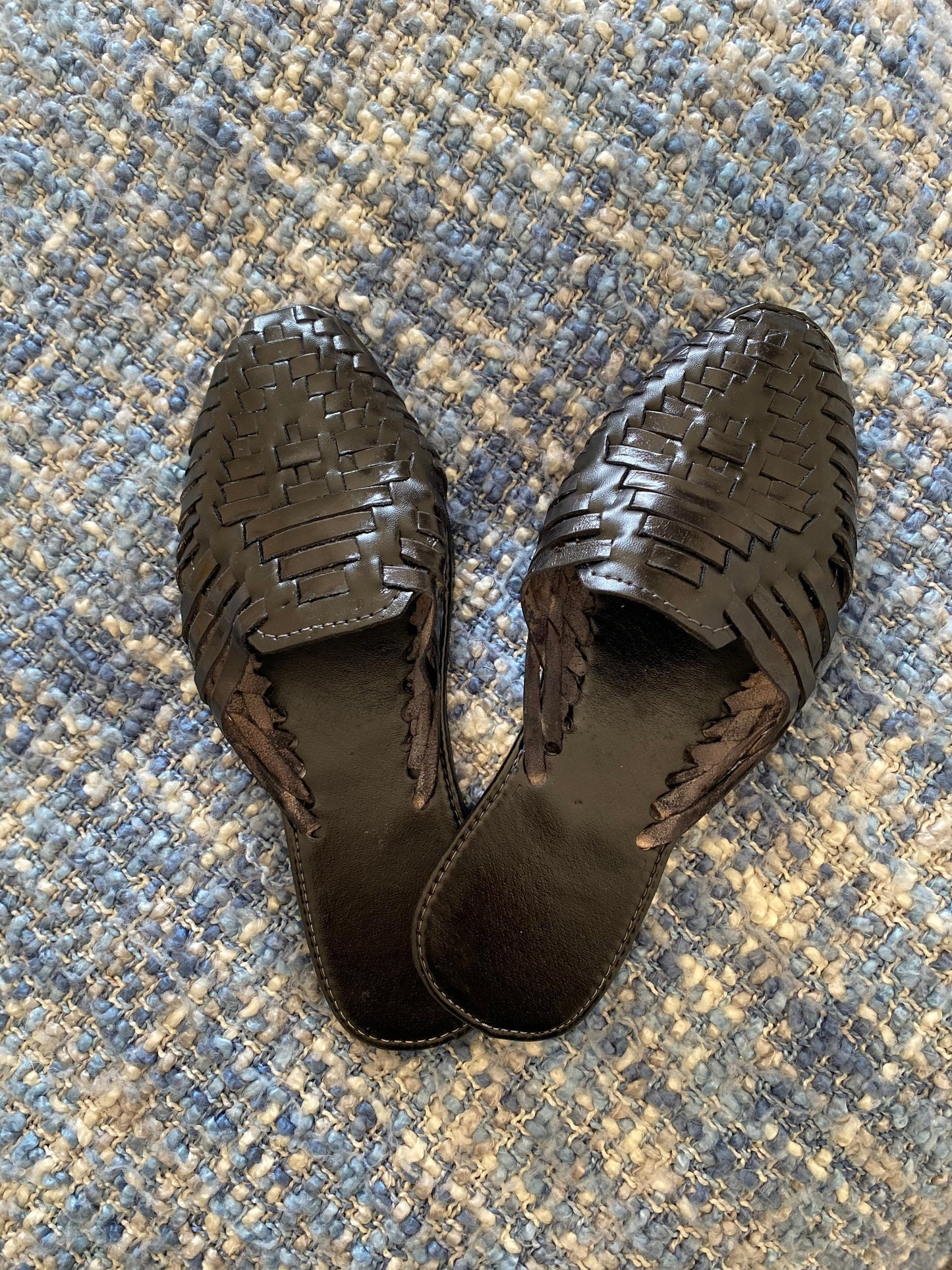 Black Leather Huarache Mules: Mexican Woven Sandals