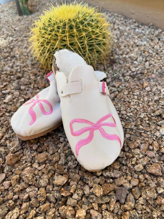 Handmade Suede Leather Clogs: Sheepskin Lined, Pink Bow Detail