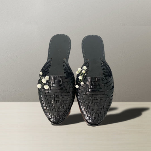 Black Leather Huarache Mules: Mexican Woven Sandals