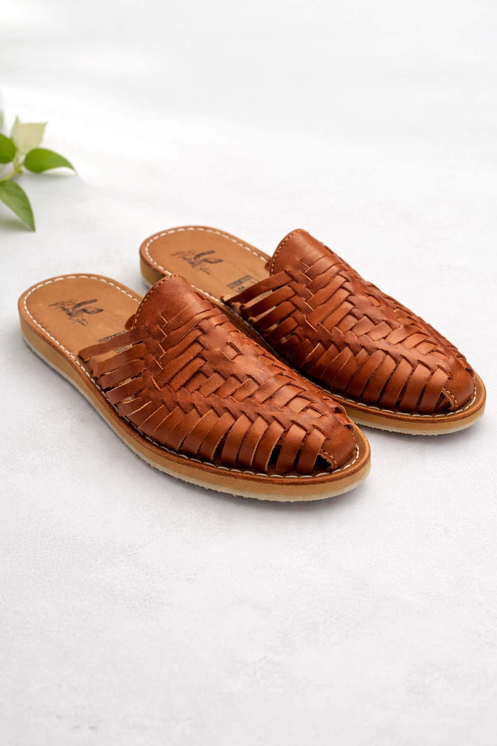 Tan Leather Huarache Mules: Mexican Artisanal Sandals