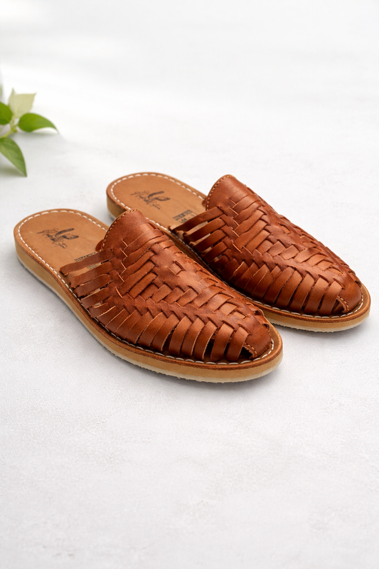 Tan Leather Huarache Mules: Mexican Artisanal Sandals