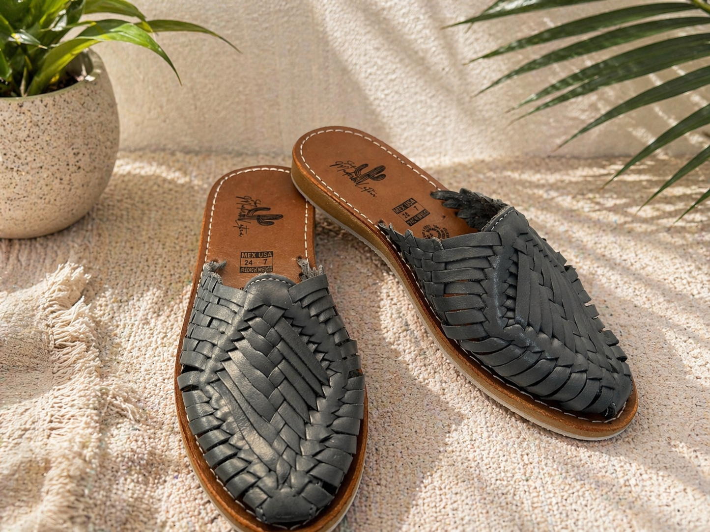 Grey Leather Huarache Mules: Mexican Artisanal Sandals