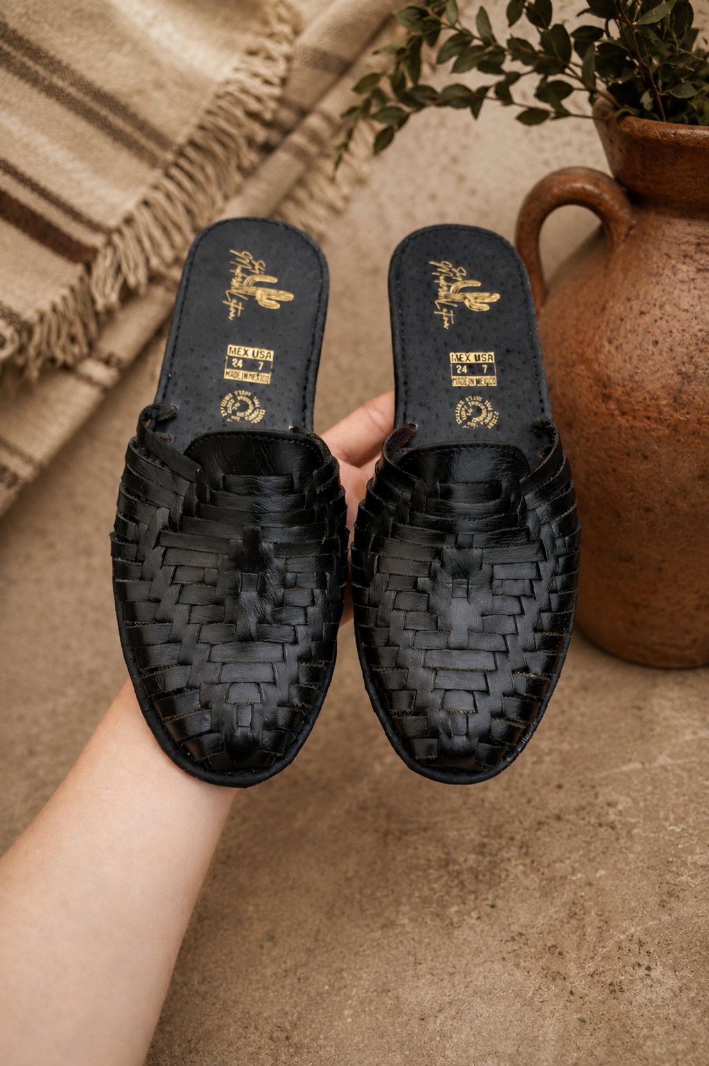 Black Leather Huarache Mules: Mexican Woven Sandals