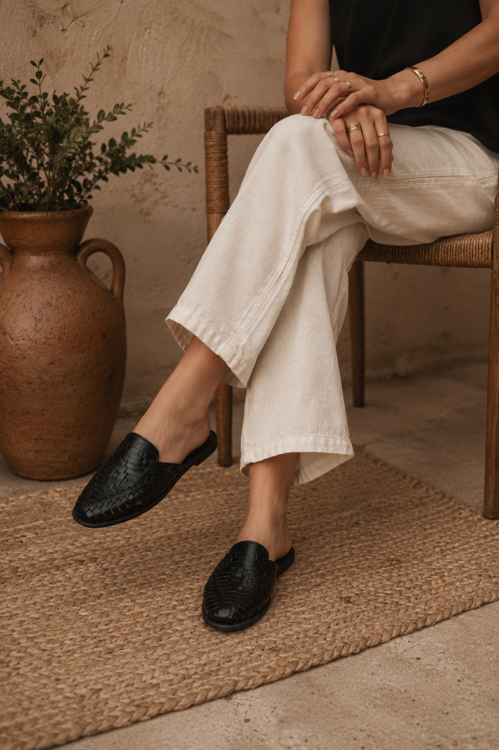 Black Leather Huarache Mules: Mexican Woven Sandals