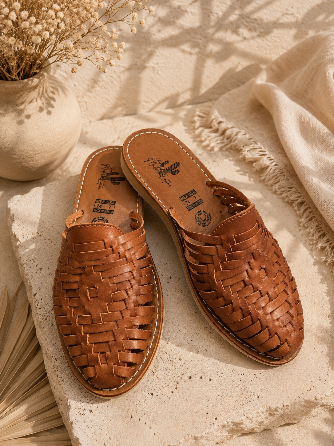 Tan Leather Huarache Mules: Mexican Artisanal Sandals