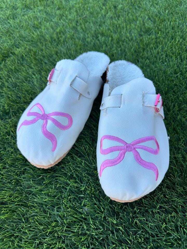 Handmade Suede Leather Clogs: Sheepskin Lined, Pink Bow Detail
