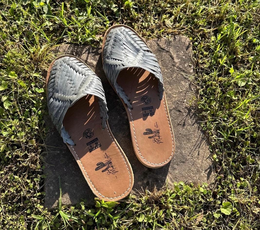 Grey Leather Huarache Mules: Mexican Artisanal Sandals
