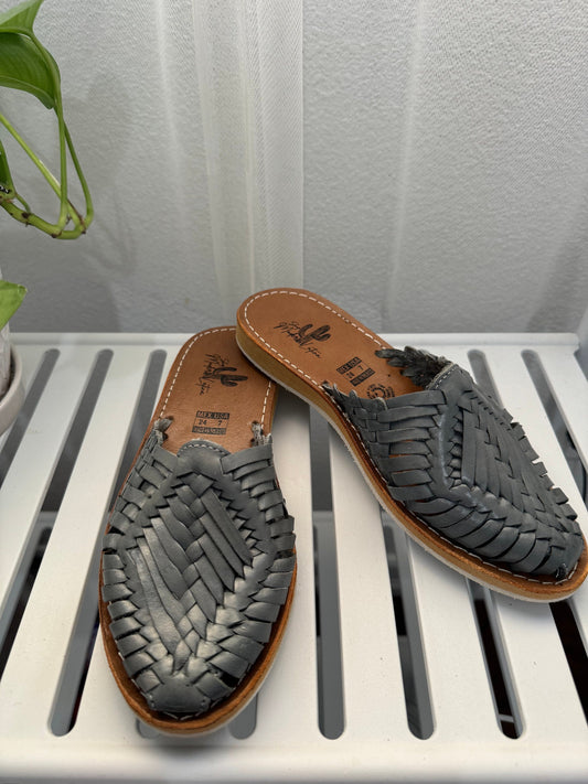 Grey Leather Huarache Mules: Mexican Artisanal Sandals