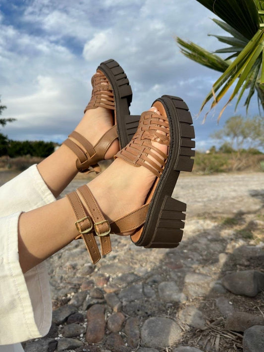 Tan Leather Huarache Sandals: Mexican Artisanal Heel Sandals