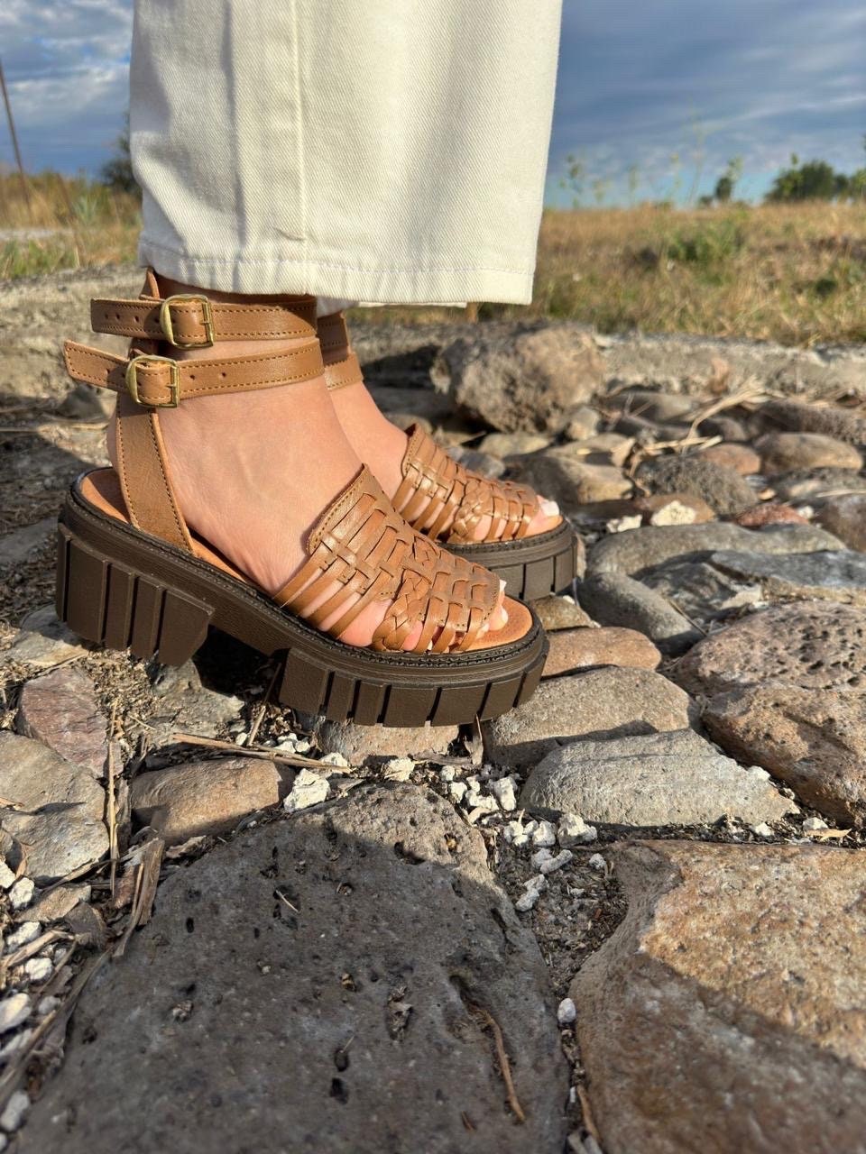 Tan Leather Huarache Sandals: Mexican Artisanal Heel Sandals