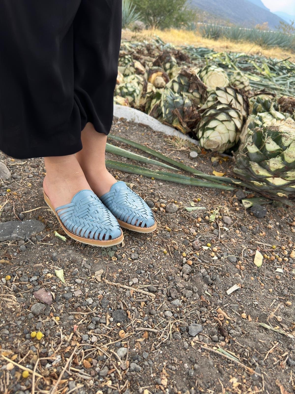 Blue Leather Huarache Mules: Mexican Artisanal Sandals