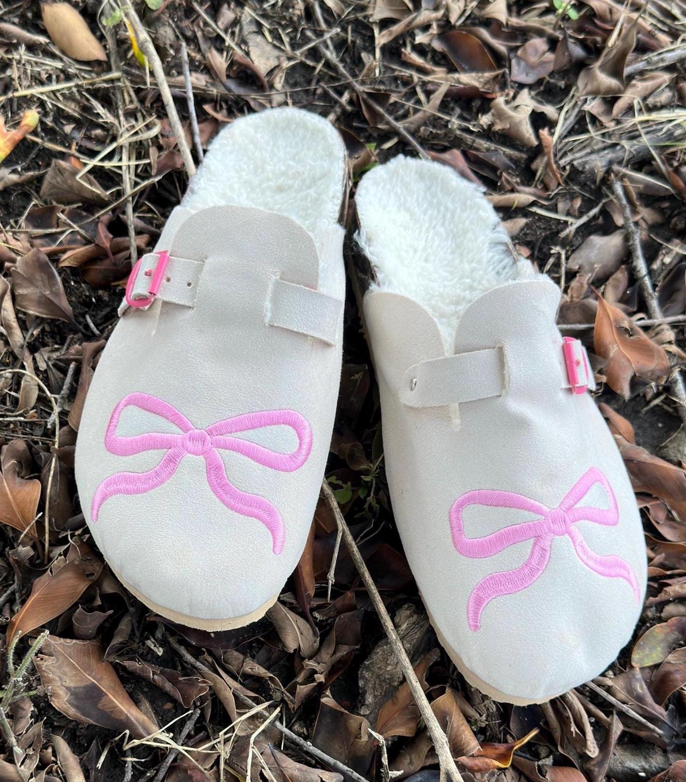Handmade Suede Leather Clogs: Sheepskin Lined, Pink Bow Detail