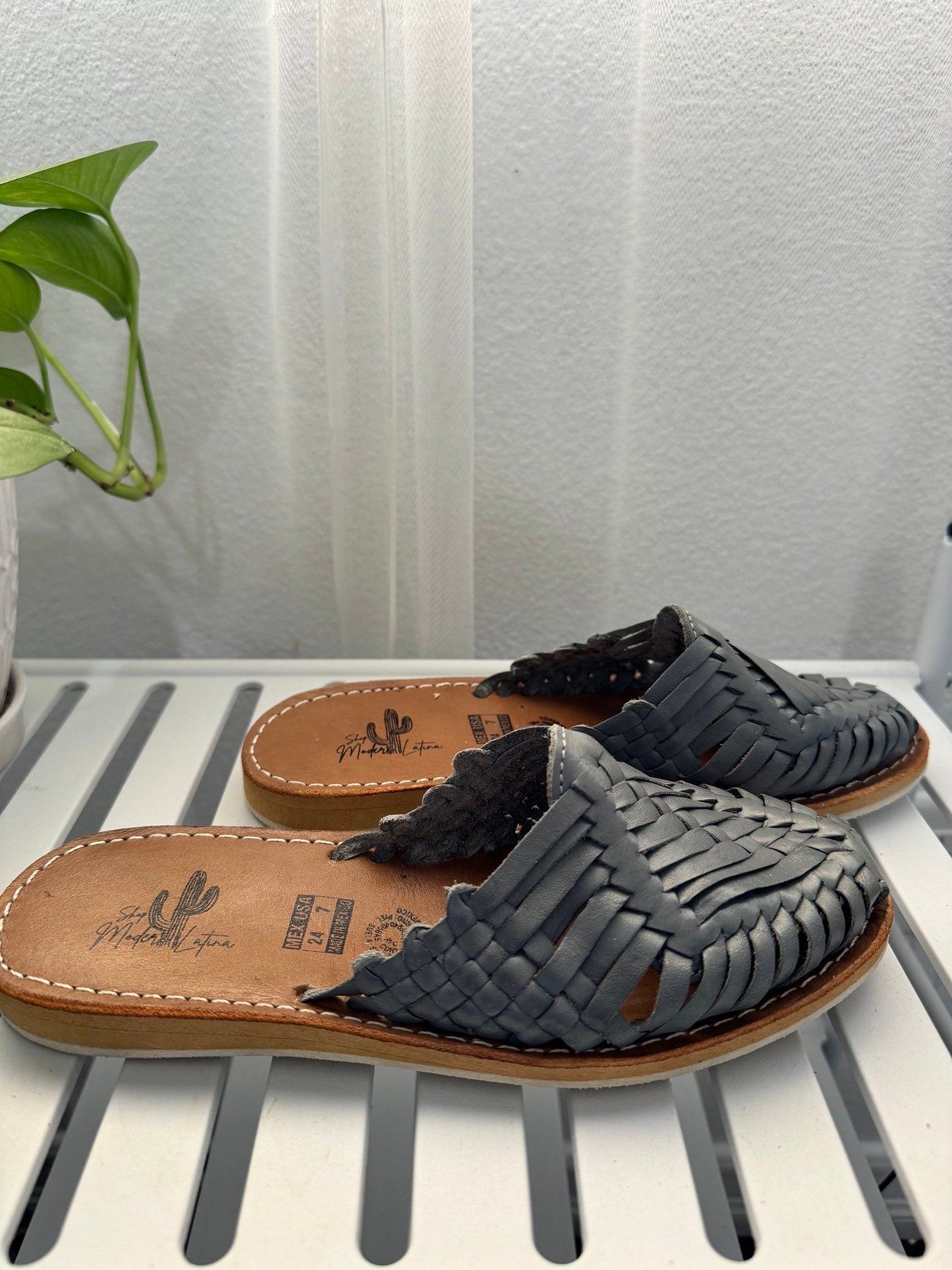 Grey Leather Huarache Mules: Mexican Artisanal Sandals