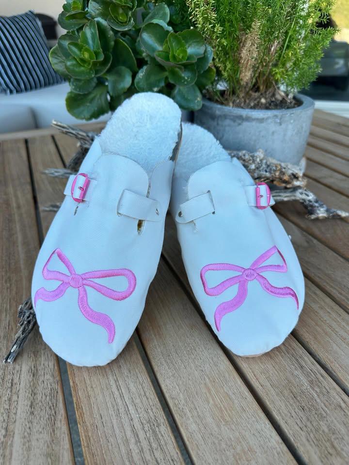 Handmade Suede Leather Clogs: Sheepskin Lined, Pink Bow Detail