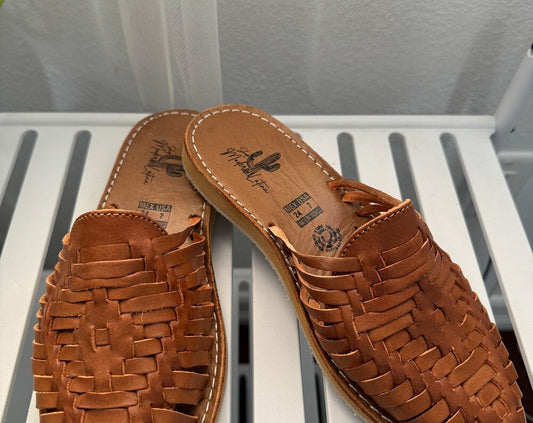 Tan Leather Huarache Mules: Mexican Artisanal Sandals