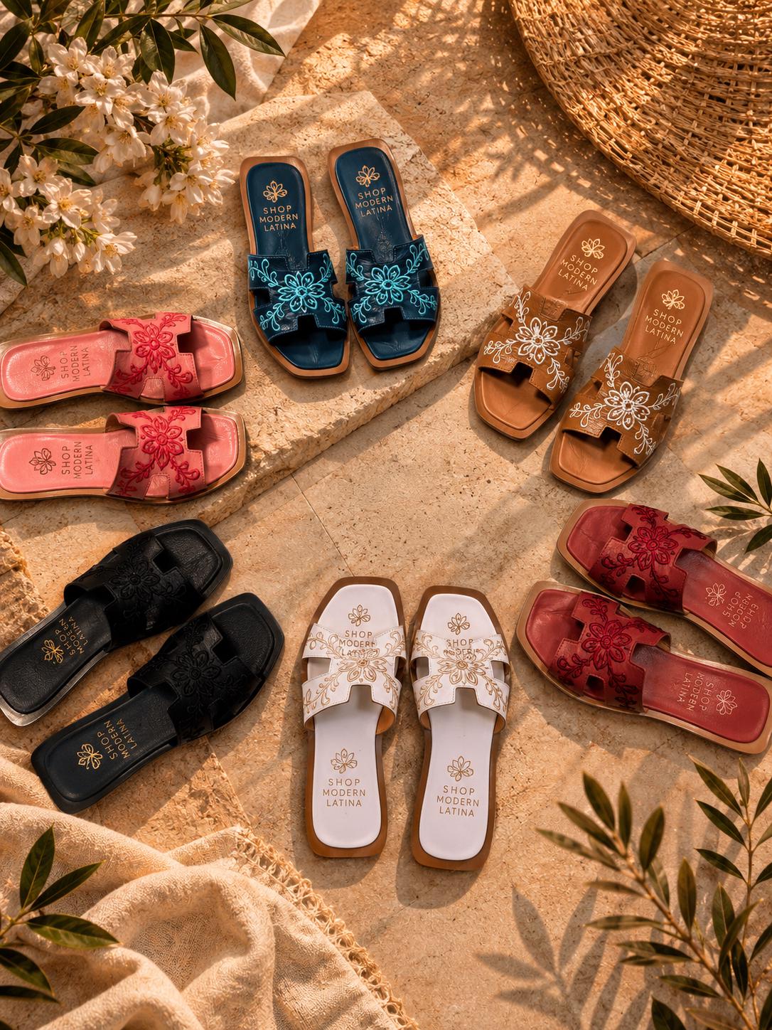 Embroidered Leather Slide Sandals for Women | Handmade Mexican Huarache Slides