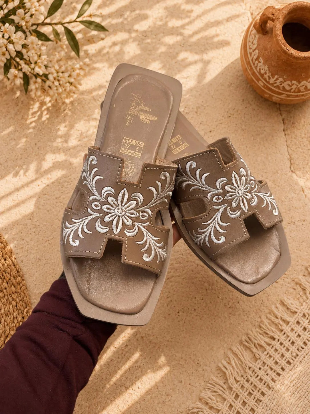 Embroidered Leather Slide Sandals for Women | Handmade Mexican Huarache Slides