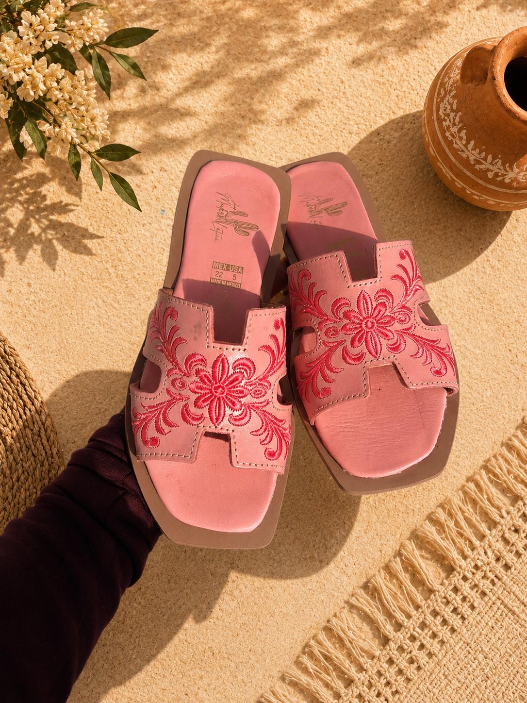 Embroidered Leather Slide Sandals for Women | Handmade Mexican Huarache Slides