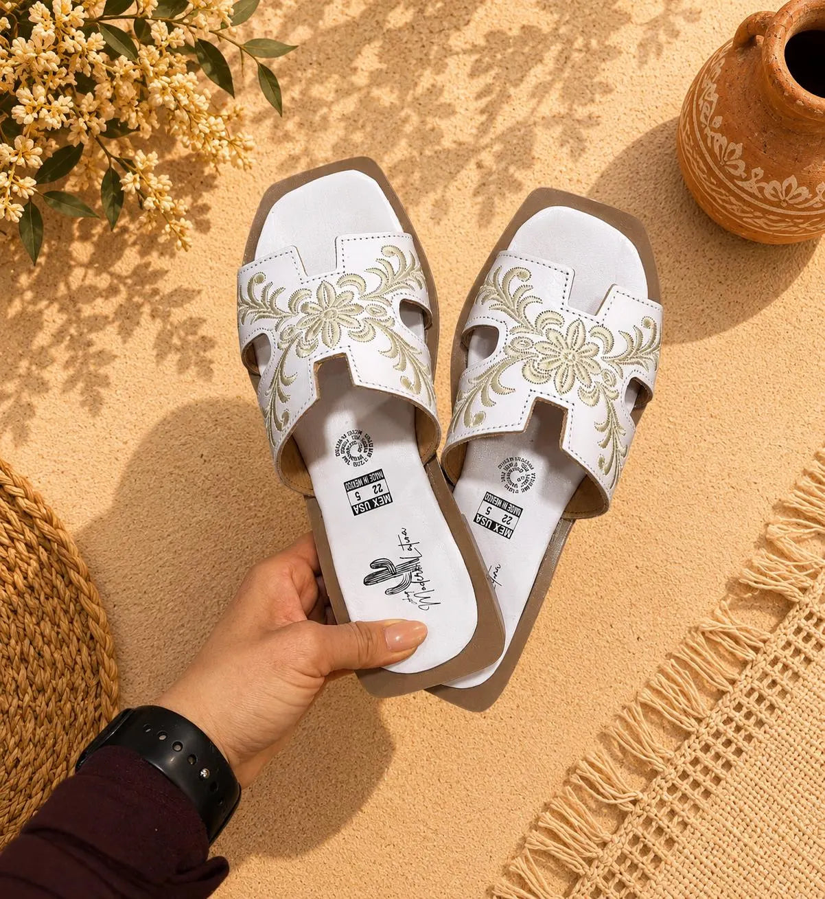 Embroidered Leather Slide Sandals for Women | Handmade Mexican Huarache Slides