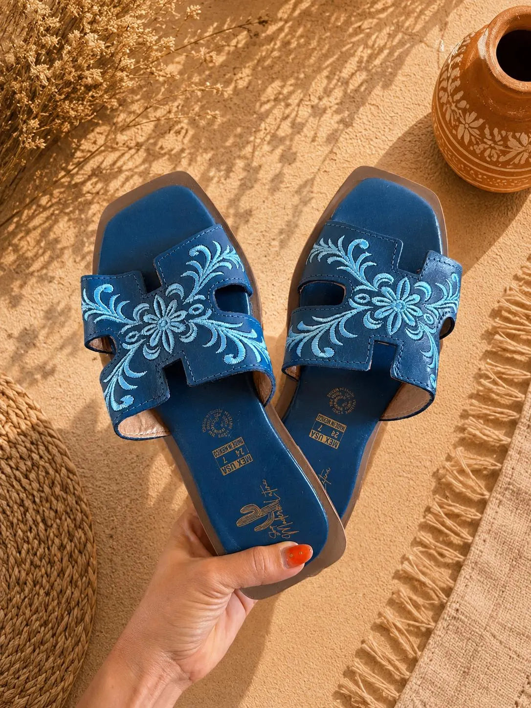 Embroidered Leather Slide Sandals for Women | Handmade Mexican Huarache Slides
