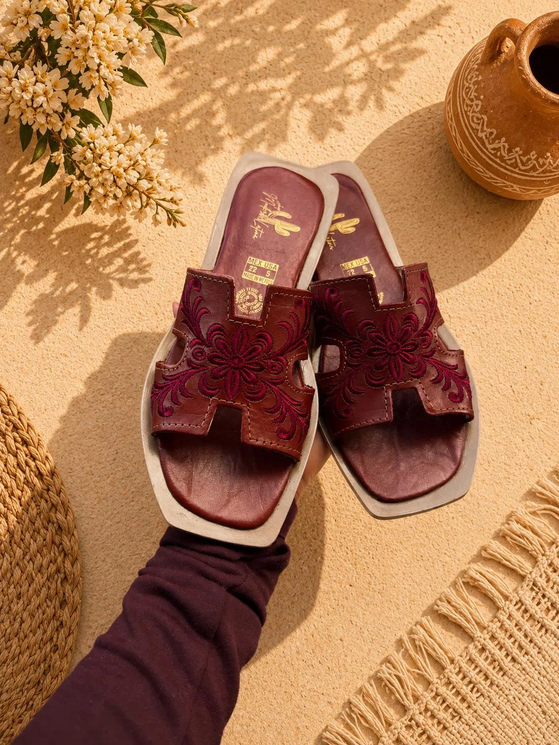 Embroidered Leather Slide Sandals for Women | Handmade Mexican Huarache Slides