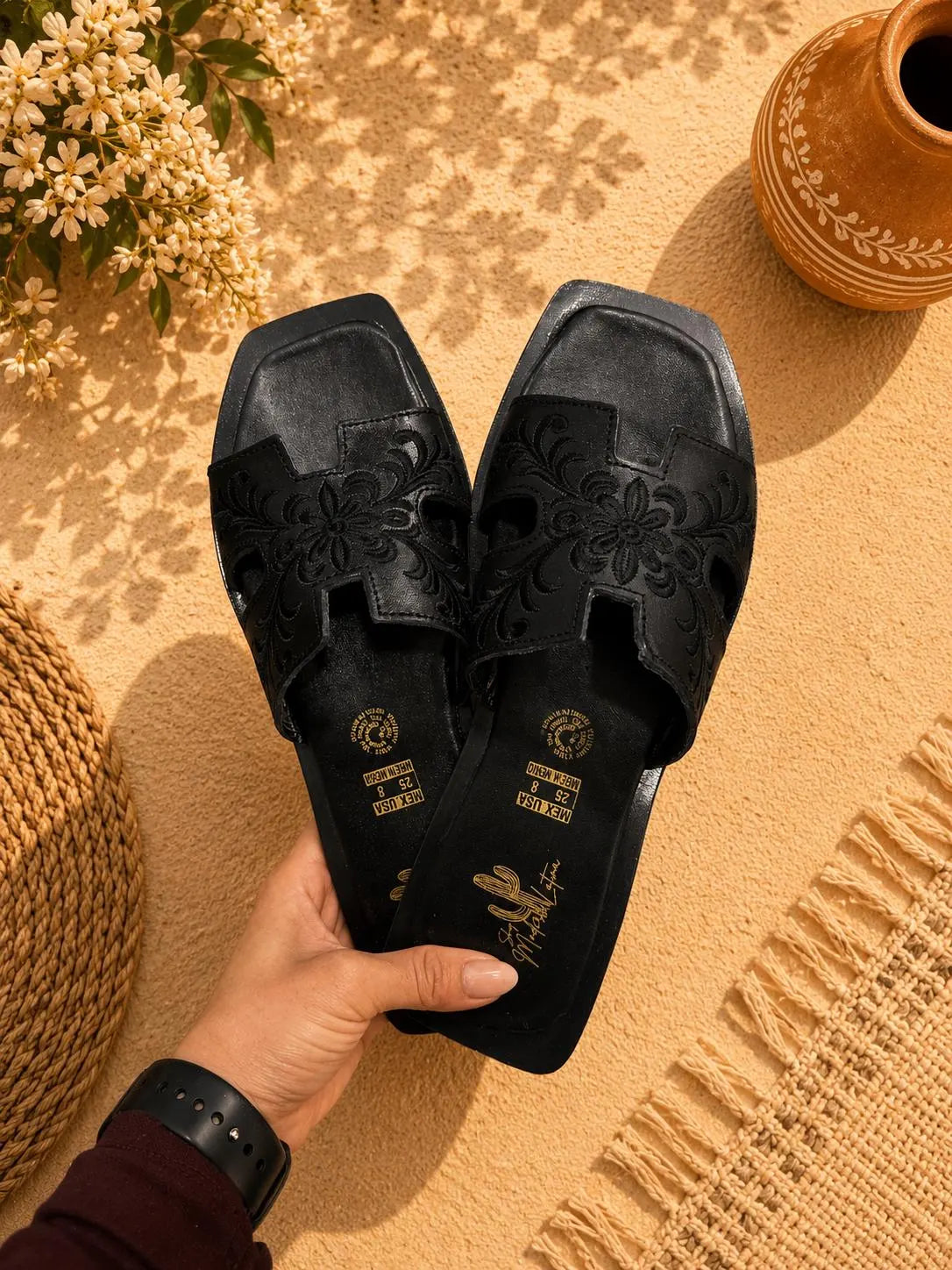 Embroidered Leather Slide Sandals for Women | Handmade Mexican Huarache Slides